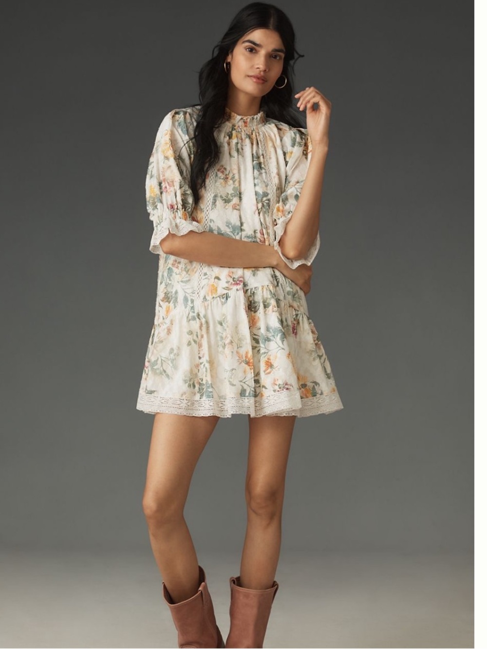 Pilcro Anthro Mock-Neck
Ruffle Floral Cream Lace Trim Mini Dress M Cottagecore